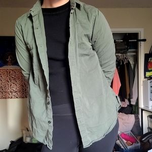 Long sleeve green button down.